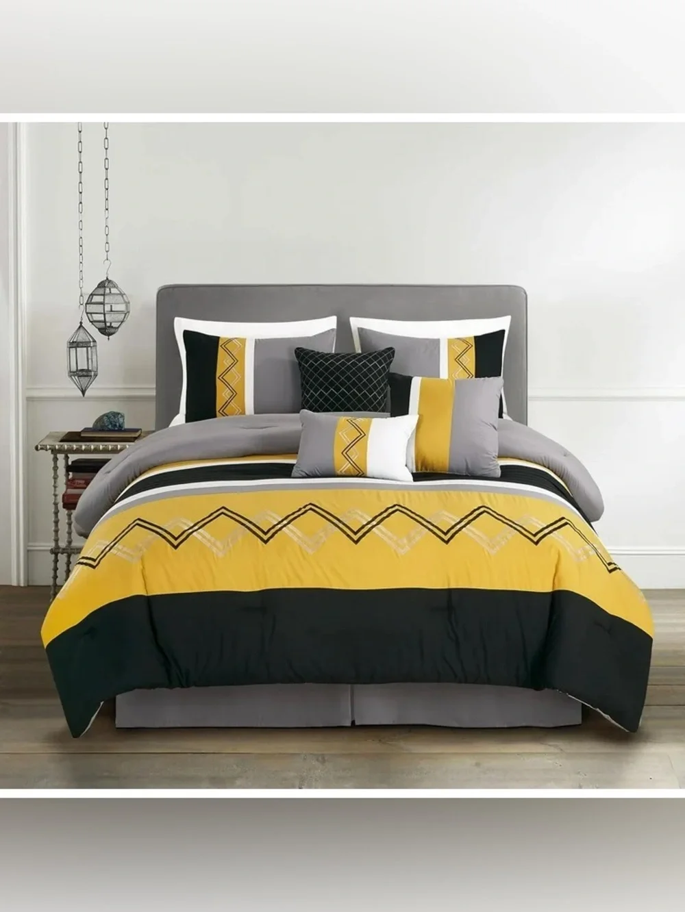 Modern Geo Stripe Yellow and Gray Queen 3 piece Comforter Set